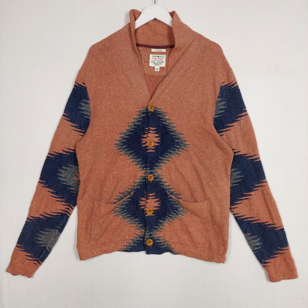 Lucky Brand Mens True Indigo Shawl Collar Cardigan Southwestern Sweater Large